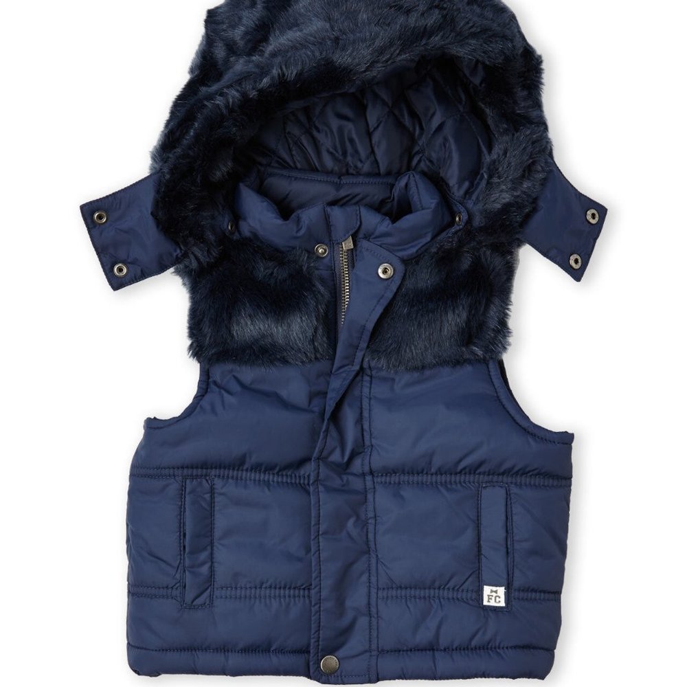 New FRENCH CONNECTION Girl Navy Blue Faux Fur Trim Hooded Puffer Vest Sz 16